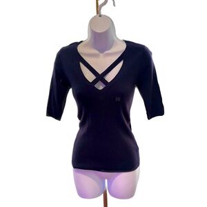 Express | Ribbed Fitted V-neck Sweater - Navy | Small